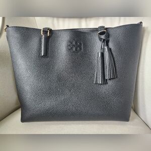 Tory Burch black leather tote bag.